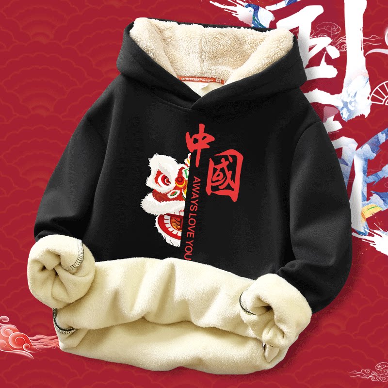 Boys' fleece and thickened hooded sweatshirts in the big boy's national tide children's clothing Western style boy's warm top children's autumn and winter clothing