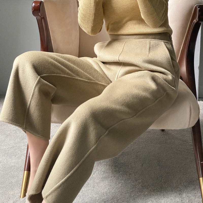 Petite Double-Sided Cashmere Women's Pants, Straight-Leg Double-Sided Fleece Cropped Pants, Thickened 100% Wool Double-Sided Woolen Wide-Leg Pants for Winter