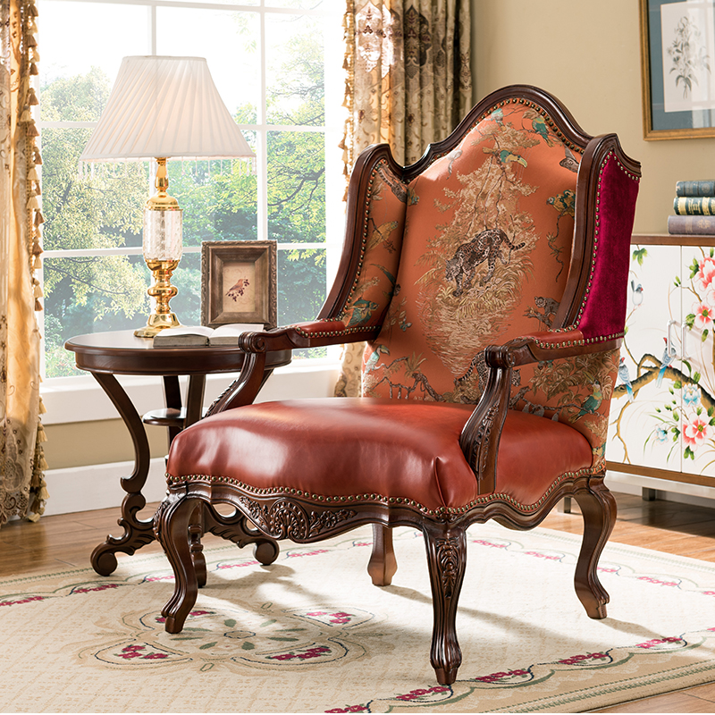 Solid Wood Tiger Chair American Light Lavish Sofa Chair Single Casual Chair Genuine Leather Cloth Art Bedroom Living-room Benches High Back Chair