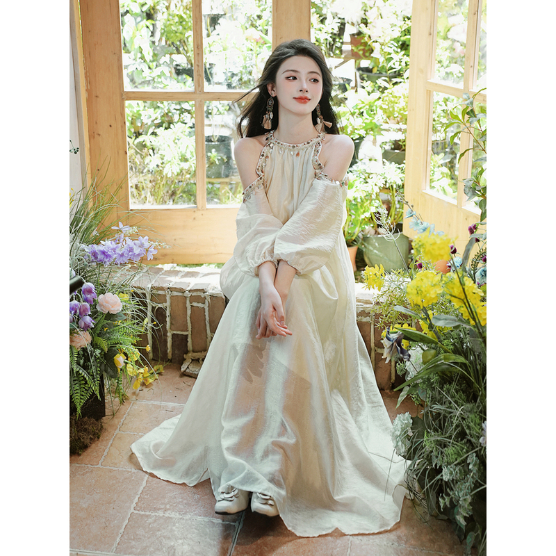 My Altay Shell Lace French Halter Neck Off-Shoulder Bohemian Dress, Bohia Resort Style Tea Break Long Dress My Altay Shell Lace French Halter Neck Off-Shoulder Bohemian Dress, Bohia Resort Style Tea Break Long Dress