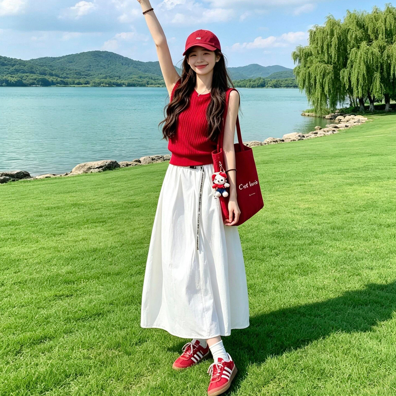 Red Knitted Slim-Fit Round-Neck Camisole for Women, 2026 Autumn Collection, Stunning Sleeveless High-End Top for Outerwear from Thailand