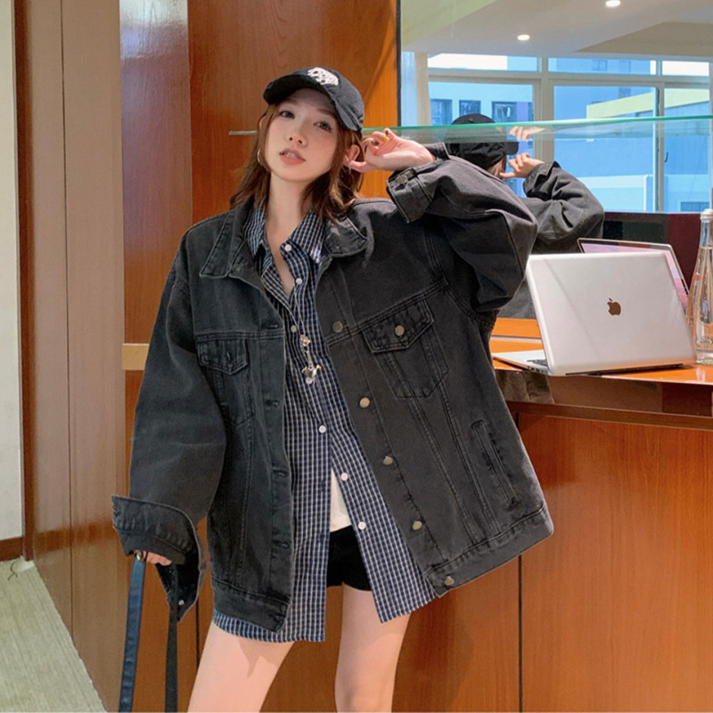 American Retro Black and Gray Denim Jacket for Women, Early Spring, Plus Size, Loose Fit, Petite Casual Long-Sleeve Jacket, Trendy Top