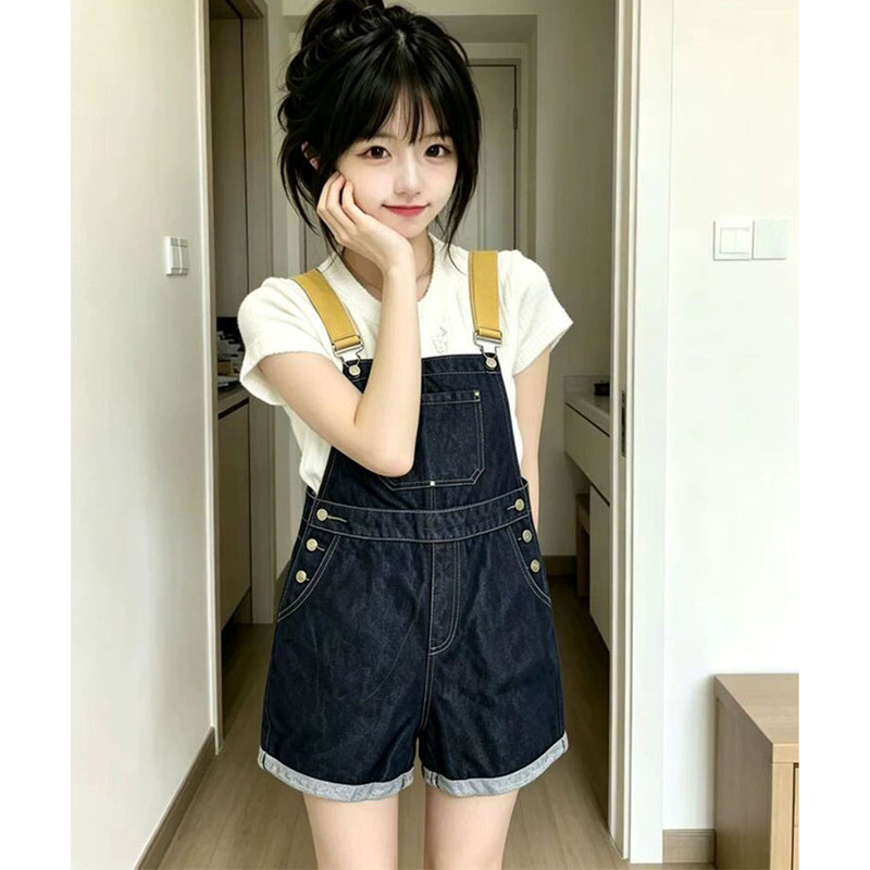 Denim Overalls Shorts for Women, Summer Thin Style, Korean Version, Loose and Cute, Student-Friendly, Age-Reducing, Petite Straight-Leg Suspender Jumpsuit