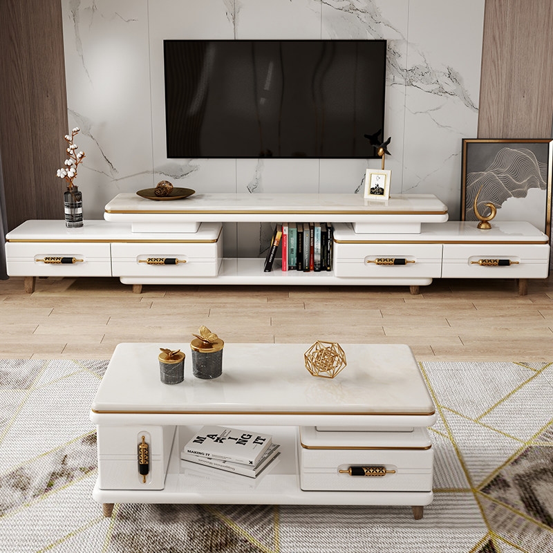 Marble TV Cabinet Coffee Table Combination Modern Simple Living Room Furniture Set Telescopic Lacquer Slate TV Cabinet