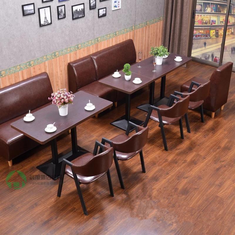 Hotel table and chair sofa combination coffee western restaurant milk tea dessert shop hotel walnut color solid wood leather sofa