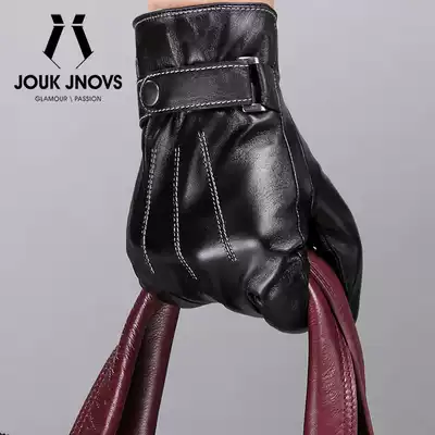 Imported sheepskin fashion men's boutique windproof buckle leather touch touch screen gloves plus velvet riding gloves