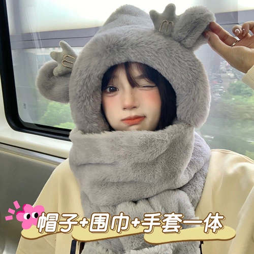 Шапка, удерживающий тепло милый шарф, бархатный комплект, зимние бархатные перчатки, с медвежатами, плюшевая, 3 предмета