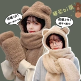 Зимняя милая шапка, зимний бархатный шарф, перчатки, ветрозащитный удерживающий тепло комплект с капюшоном, с медвежатами, 3 предмета