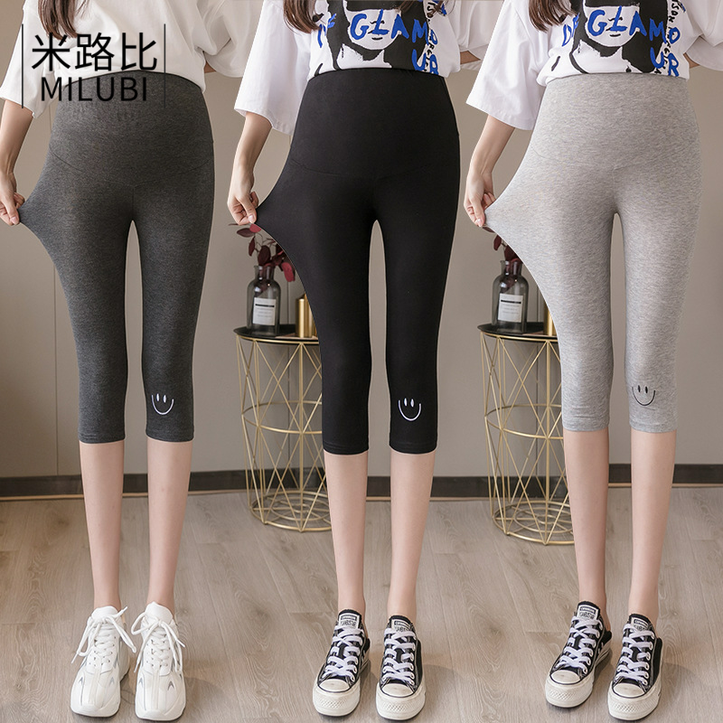 Milway more than summer new gestational woman slim fit with cool inner lap pants with a smile face embroidered pregnant woman pants summer with seven pant pants