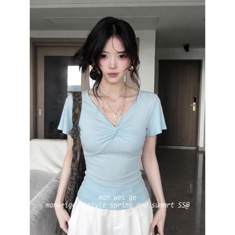 Lyocell V-Neck Twisted Small Flutter Sleeve Versatile T-Shirt for Women 2026 New Summer Korean Style Casual Slim Fit Regular Shoulder Top Lyocell V-Neck Twisted Small Flutter Sleeve Versatile T-Shirt for Women 2026 New Summer Korean Style Casual Slim Fit Regular Shoulder Top