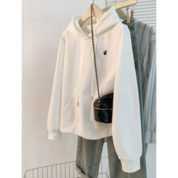 Hooded White American-Style Heavyweight Sweatshirt for Women 2025 New Spring and Autumn Loose Fleece-Lined Petite Regular Shoulder Lazy Top