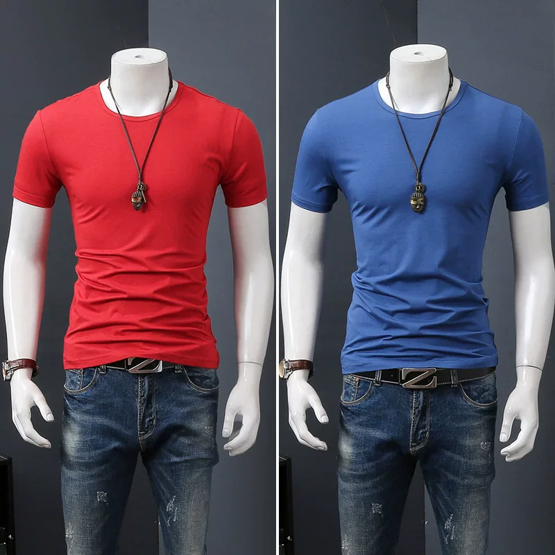 Летняя черная трендовая футболка с коротким рукавом и круглым вырезом, slim fit