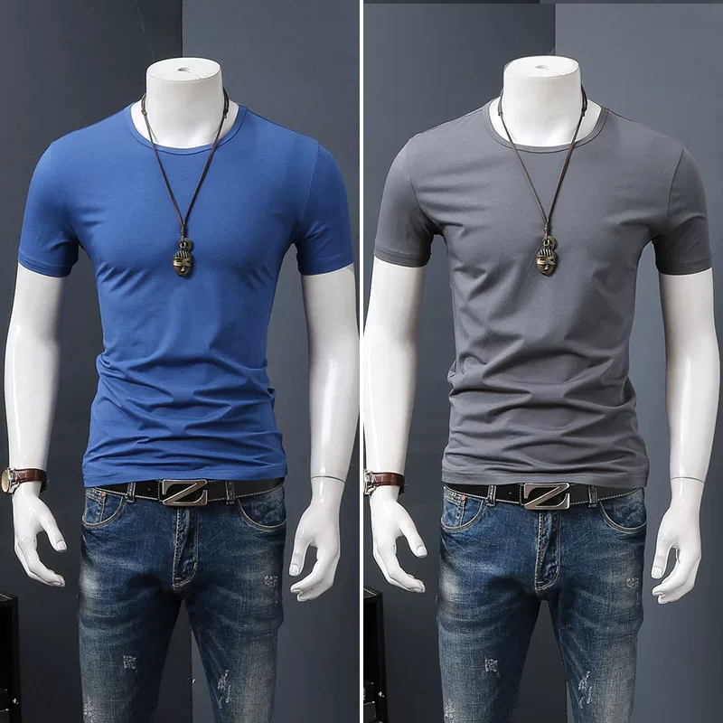 Летняя черная трендовая футболка с коротким рукавом и круглым вырезом, slim fit