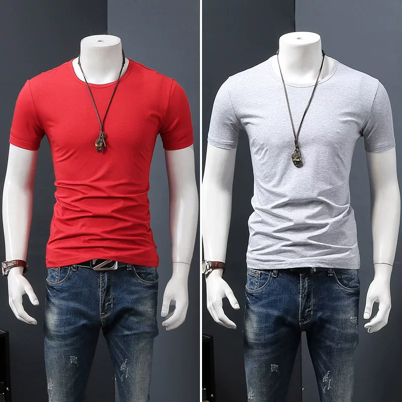 Летняя черная трендовая футболка с коротким рукавом и круглым вырезом, slim fit