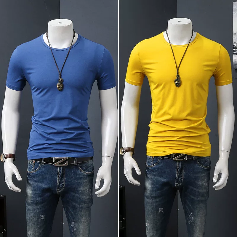 Летняя черная трендовая футболка с коротким рукавом и круглым вырезом, slim fit