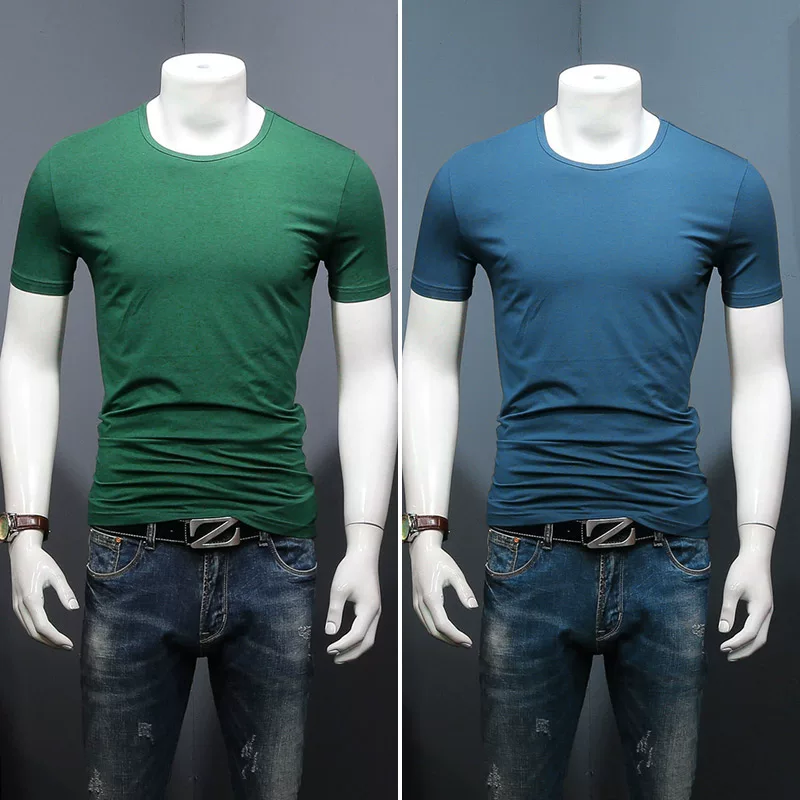 Летняя черная трендовая футболка с коротким рукавом и круглым вырезом, slim fit