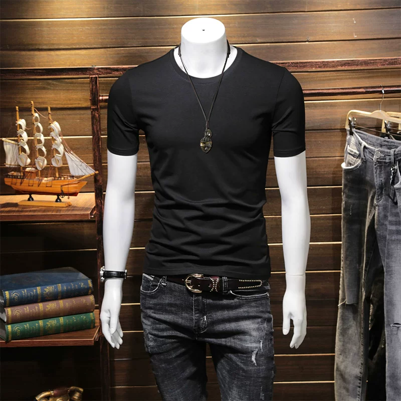 Летняя черная трендовая футболка с коротким рукавом и круглым вырезом, slim fit