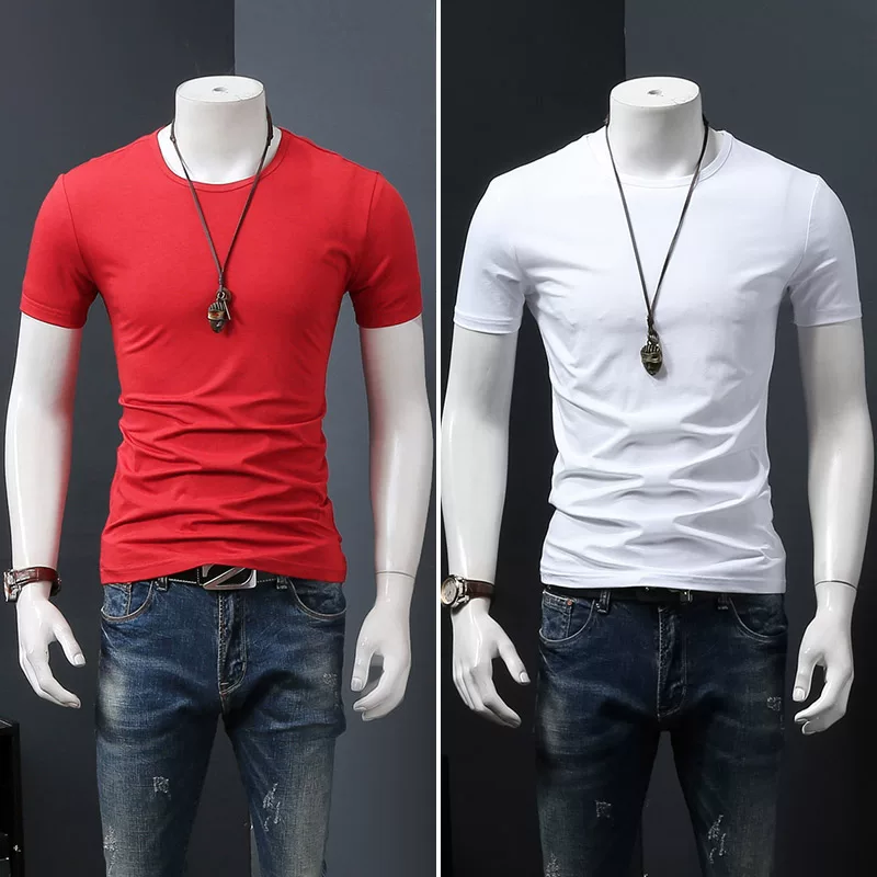 Летняя черная трендовая футболка с коротким рукавом и круглым вырезом, slim fit
