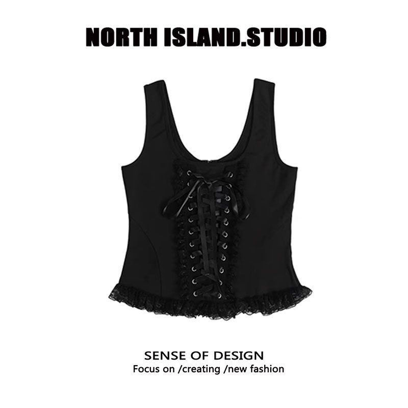 NEET subculture dark lace-up black vest square neck lace sleeveless camisole top slim fit