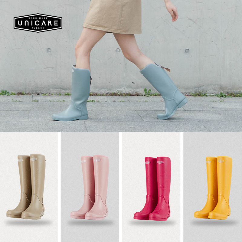 UNICARE rain boots women's fashion style outer wear high tube waterproof non-slip rain boots street outdoor long tube wading shoes