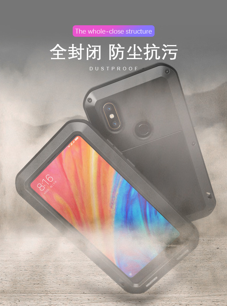 LOVE MEI Powerful Water Resistant Shockproof Dust/Dirt/Snow Proof Aluminum Metal Outdoor Gorilla Glass Heavy Duty Case Cover for Xiaomi Mi MIX 2s