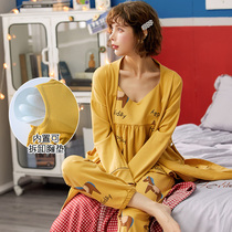 Xia Li Sha pajamas womens spring and autumn pure cotton long-sleeved three-piece set sexy with chest pad Womens cotton nightgown home clothes