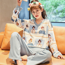 Pure cotton pajamas womens long-sleeved spring and autumn cotton thin two-piece set cartoon cute sweet girl home dress set