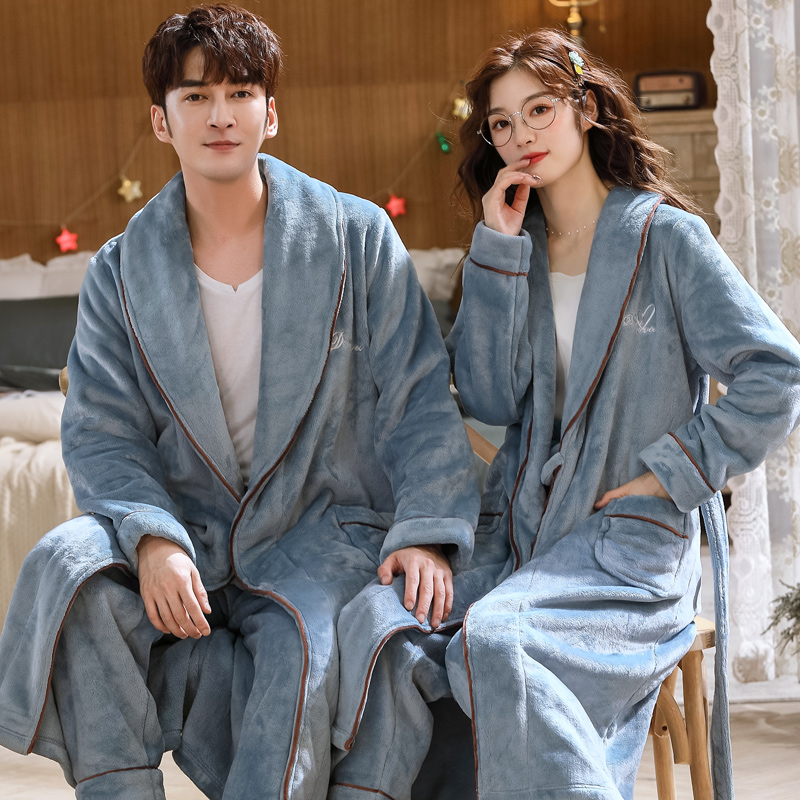 Sleeping robe Men's autumn Winter Thickened Flannel two sets of sleepwear lovers Coral Fleece lady Long version plus sleeping pants