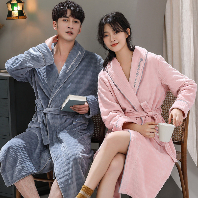 Sleeping Robe Men's Autumn Winter Coral Suede Lovers Pyjamas Dressing Thickened Flannel Suede Bathrobe Woman's long version of the morning gown home