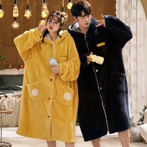 Демисезонный банный халат, коралловая бархатная утепленная фланелевая длинная милая пижама для влюбленных