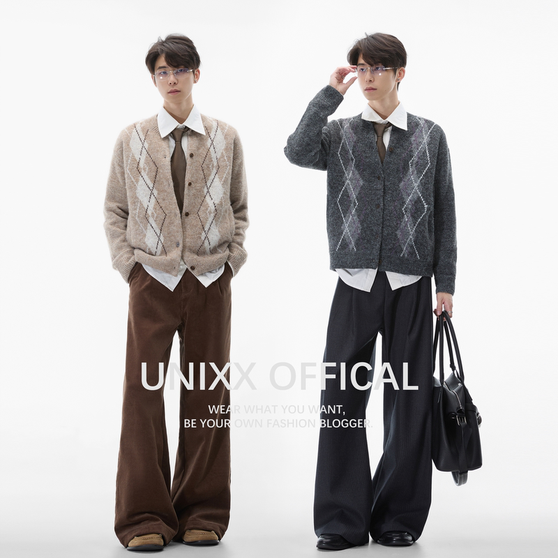 Unixx Spring and Autumn "Diamond Pattern" Wool Blend Cardigan High-End Academic Style Knitted Old Money Style Sweater