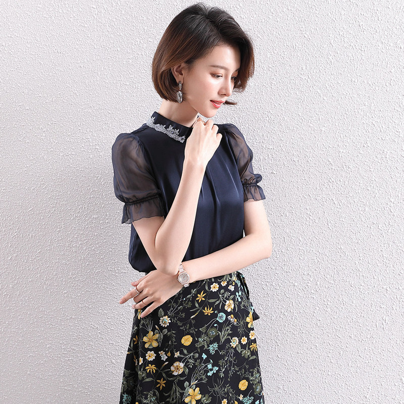 Heavy silk shirt women 2020 summer thin new fashion temperament lace short-sleeved capable professional silkworm top - Taobao