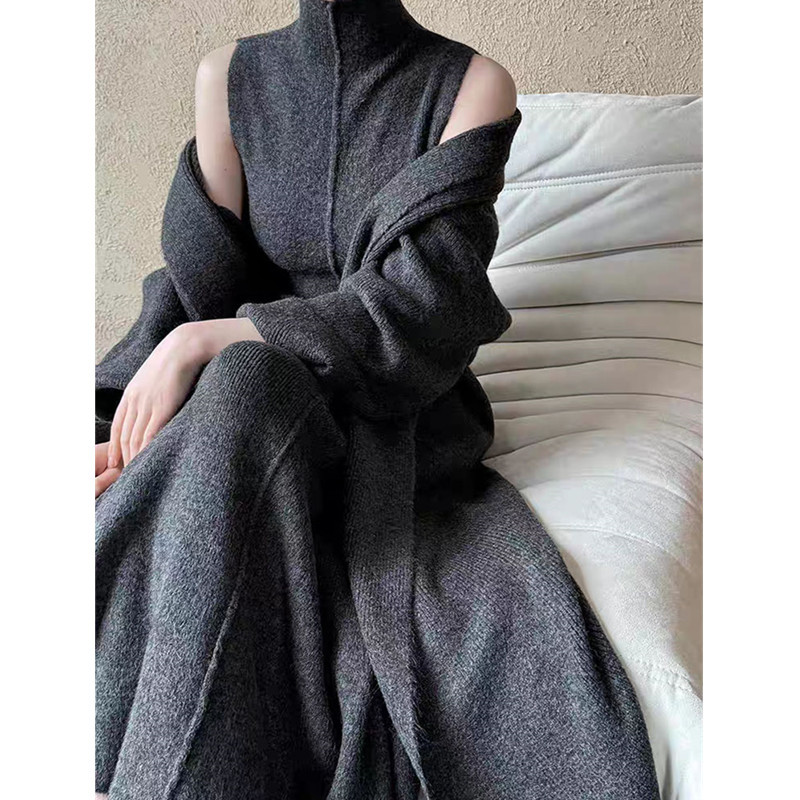 Autumn and Winter Stylish Knit Loose-Fitting Sleeveless Turtleneck Sweater Dress Thickened Cardigan Two-Piece Set Slimming Outfit