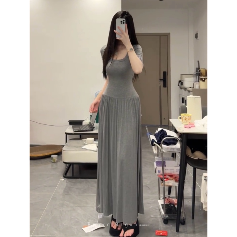 Runaway High Fairy 170 Tall Super Long Large Skirt Long Mid-Sleeve Knitted A-Line Waist U-Neck Dress