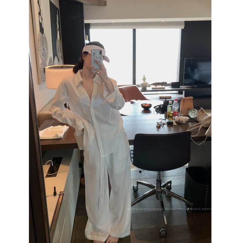 Tall Fairy-Style Long White Shirt Linen Suit Spring Lazy Sun Protection Clothing Pants Two-Piece Set Tall Fairy-Style Long White Shirt Linen Suit Spring Lazy Sun Protection Clothing Pants Two-Piece Set