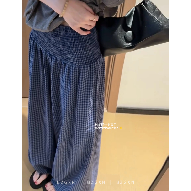 High-Waisted, Tall, Adjustable Elastic Waist, Plaid, Adjustable Lantern-Style Wide-Leg Pants, Loose and Comfortable Trousers High-Waisted, Tall, Adjustable Elastic Waist, Plaid, Adjustable Lantern-Style Wide-Leg Pants, Loose and Comfortable Trousers