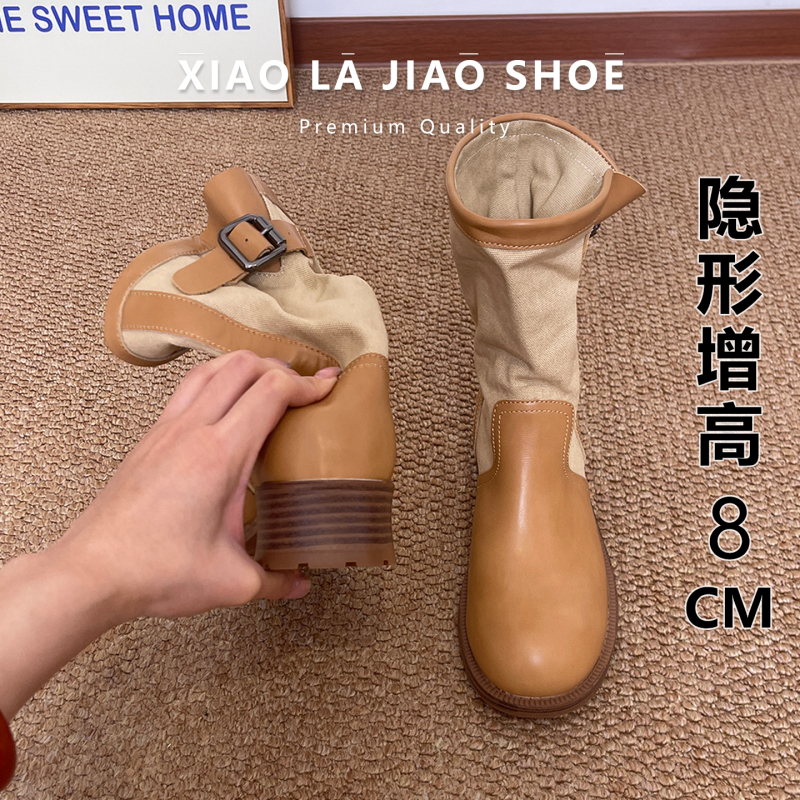 8cm Hidden Heel Height Increase Seoul Motorcycle Boots for Petite Individuals, Chunky Heel Desert Cowboy Style, Stacked Western Short Boots with Martin Boot Details