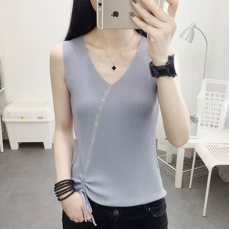 vành đai kim cương vest nữ mùa hè bên ngoài mặc triều v dòng đai cổ áo kéo băng dệt kim nữ vest chạm đáy