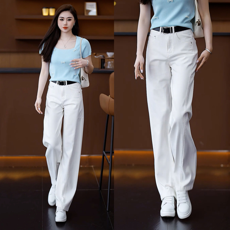 White Curved-Leg Jeans for Women, 2026 Spring New Style, High-Waisted, Loose, High-End Feel, Slimming, Versatile Straight-Leg Wide-Leg Pants