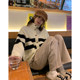 Ayi Soft and Glutinous Circle Yarn Striped Sweater Women's Autumn and Winter Loose Lazy High-neck Wool Knitted Cardigan