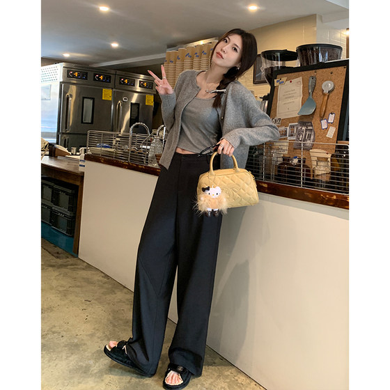 Ah Yi relaxed splicing design suit pants women's summer 2024 new style drape straight pants gray wide leg pants