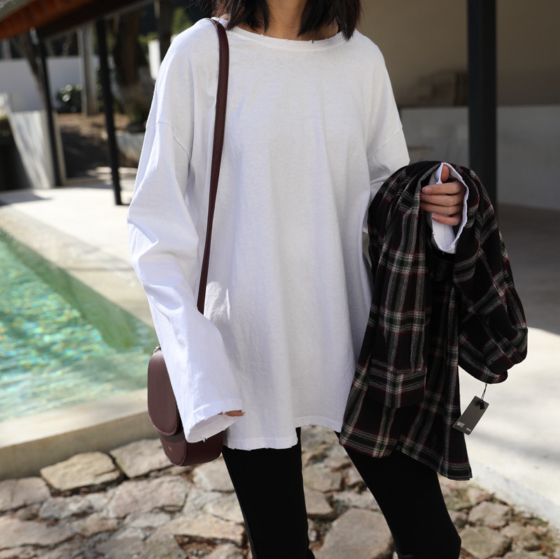 AI long sleeve T-shirt female spring autumn bf wind white loose pure cotton oversize casual conspicuble blouse blouse