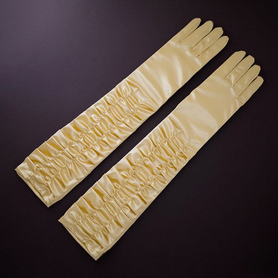 粉色长款包指手套优雅黑赫本风褶皱显瘦弹力色丁缎面新娘婚纱手套