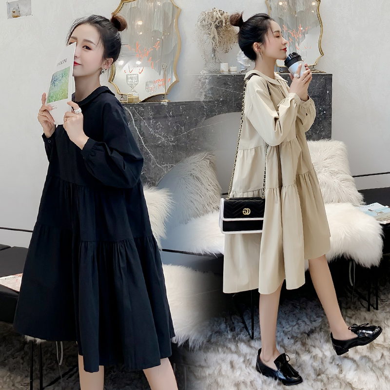 Pregnant Woman Foreign Dress Fashion Polo Dolls Collar Loose Spring Autumn Dress Medium Long Version Blouse Long Sleeve Autumn Foreign Dress