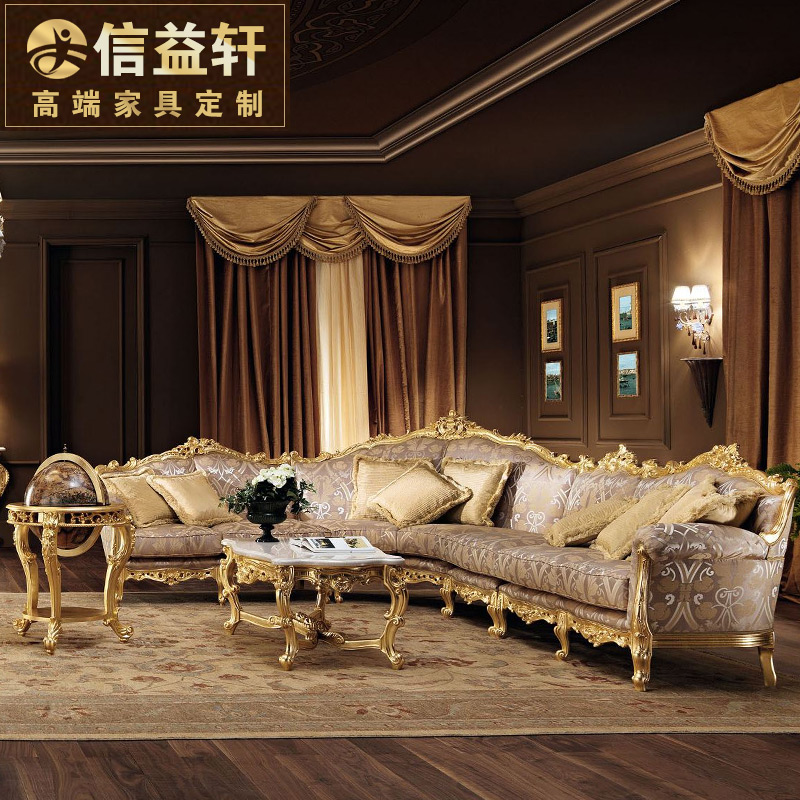 Eurostyle sofa Large family type Villa Corner Solid Wood Carved sofa French style fabric combined sofa Living room furniture