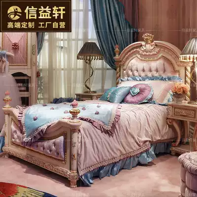 Italian European style solid wood carved girl bed villa luxury painted fabric children pink princess bed custom
