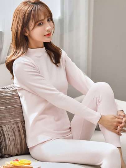 Conjunto de ropa interior térmica gruesa para mujer, ropa de otoño y pantalones de otoño para niñas cepilladas de algodón de colores, suéter de algodón con cuello medio alto