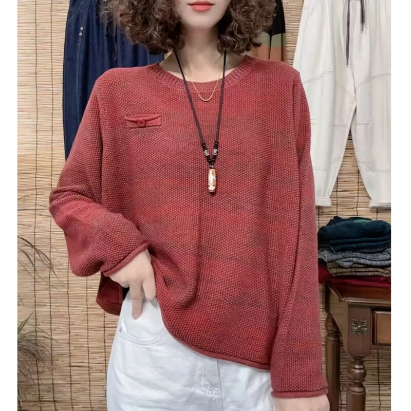 Cotton Knit Sweater for Women, Round Neck Pullover, Autumn 2025, Winter, Plus Size, Loose Fit, Versatile Sweater, Short Style
