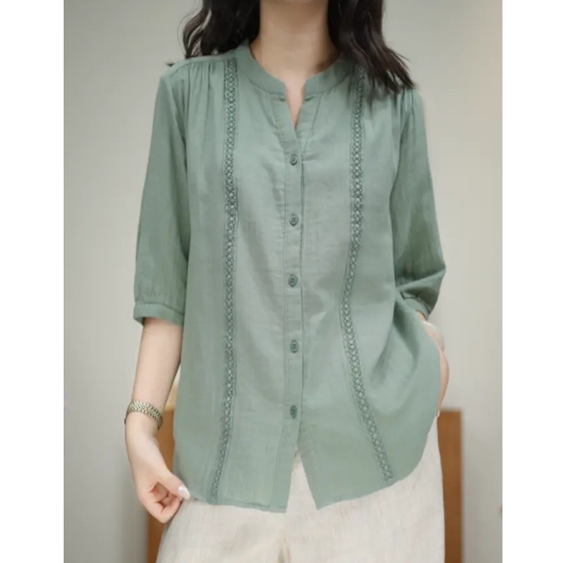 2026 Pure Cotton Lace New Style Simple Artistic Loose Casual Versatile Women's Summer V-Neck Mid-Sleeve Shirt