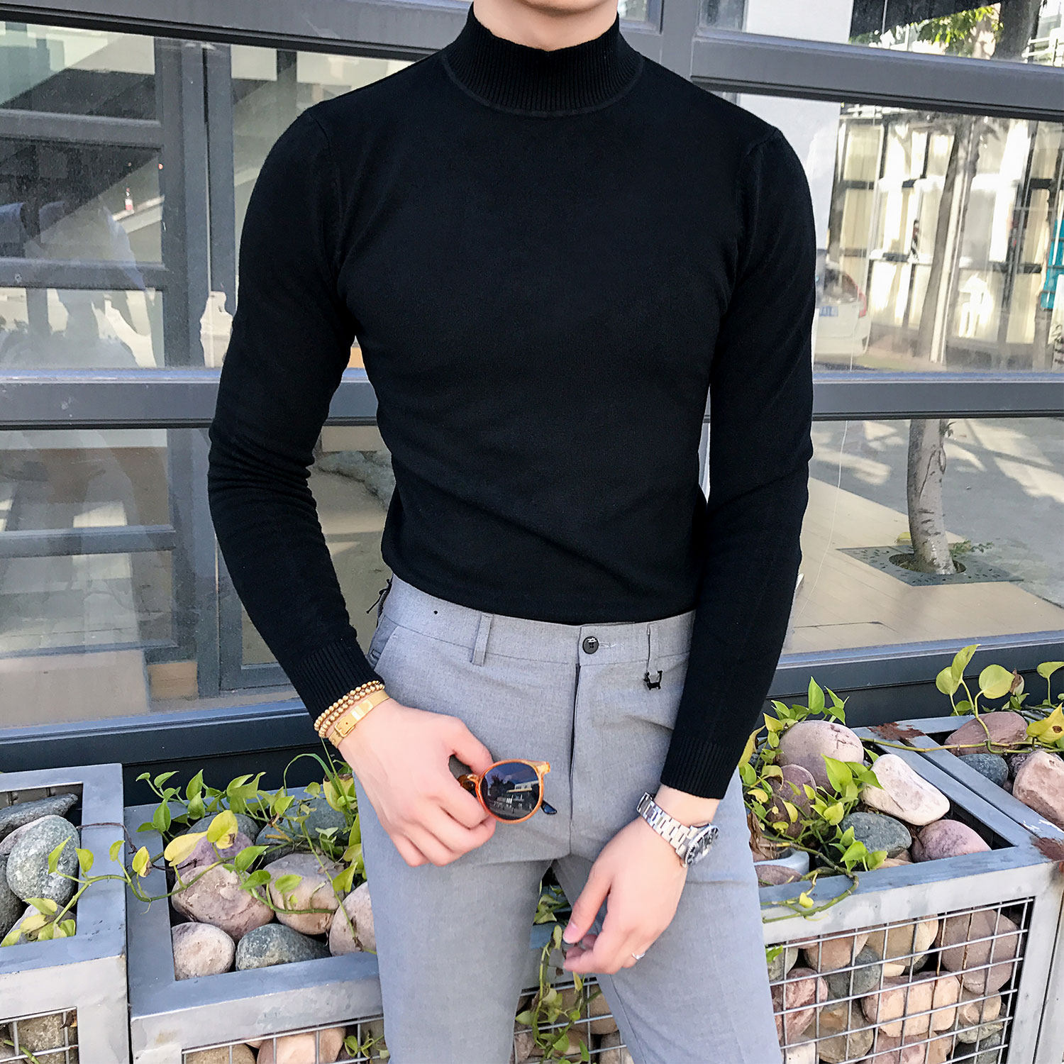 Fall tide men's Korean version of the body semi-high collar undershirt sweater Youth Winter Fashion Inlench Hooded Sweatshirt